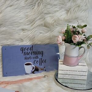 GOOD MORNING STARTS  WITH COFEE Plate and Jar with Flowers Set New